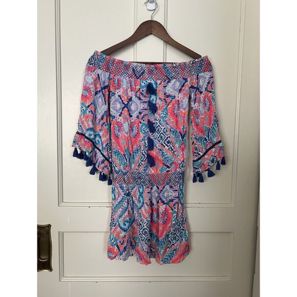 Lilly Pulitzer Dresses & Skirts - Lilly Pulitzer Off Shoulder Smocked Tasseled Mini Dress Womens Size XS Pink Blue